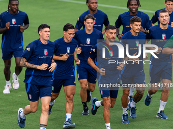 Players of Italy in action during an Italy training session at Centro Tecnico Federale di Coverciano in Florence, Italy, on September 2, 202...