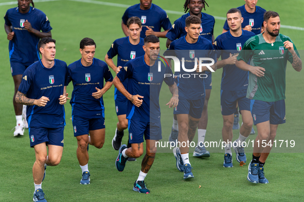 Players of Italy in action during an Italy training session at Centro Tecnico Federale di Coverciano in Florence, Italy, on September 2, 202...