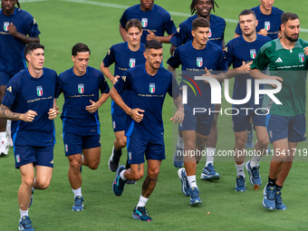 Players of Italy in action during an Italy training session at Centro Tecnico Federale di Coverciano in Florence, Italy, on September 2, 202...