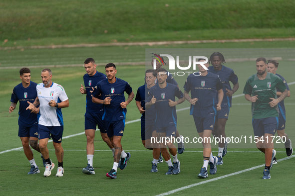 Players of Italy in action during an Italy training session at Centro Tecnico Federale di Coverciano in Florence, Italy, on September 2, 202...