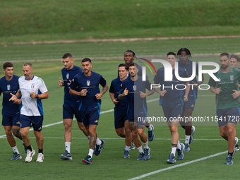 Players of Italy in action during an Italy training session at Centro Tecnico Federale di Coverciano in Florence, Italy, on September 2, 202...