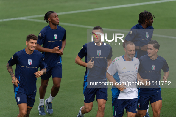 Players of Italy in action during an Italy training session at Centro Tecnico Federale di Coverciano in Florence, Italy, on September 2, 202...