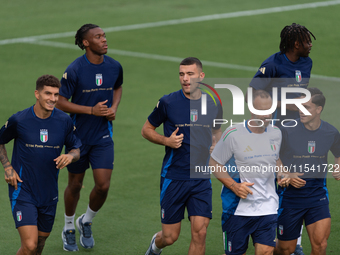 Players of Italy in action during an Italy training session at Centro Tecnico Federale di Coverciano in Florence, Italy, on September 2, 202...