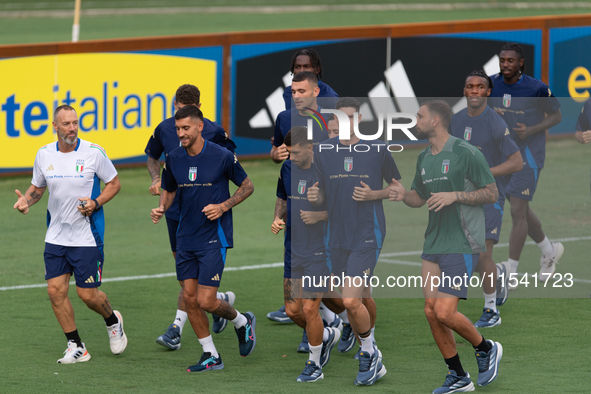 Players of Italy in action during an Italy training session at Centro Tecnico Federale di Coverciano in Florence, Italy, on September 2, 202...