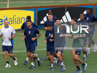 Players of Italy in action during an Italy training session at Centro Tecnico Federale di Coverciano in Florence, Italy, on September 2, 202...