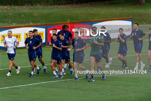 Players of Italy in action during an Italy training session at Centro Tecnico Federale di Coverciano in Florence, Italy, on September 2, 202...