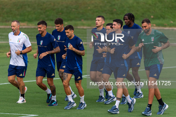 Players of Italy in action during an Italy training session at Centro Tecnico Federale di Coverciano in Florence, Italy, on September 2, 202...