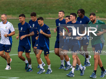 Players of Italy in action during an Italy training session at Centro Tecnico Federale di Coverciano in Florence, Italy, on September 2, 202...