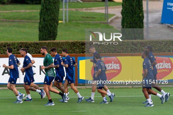 Players of Italy in action during an Italy training session at Centro Tecnico Federale di Coverciano in Florence, Italy, on September 2, 202...