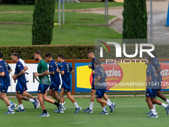 Players of Italy in action during an Italy training session at Centro Tecnico Federale di Coverciano in Florence, Italy, on September 2, 202...