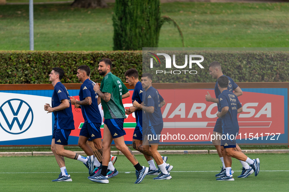 Players of Italy in action during an Italy training session at Centro Tecnico Federale di Coverciano in Florence, Italy, on September 2, 202...