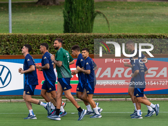 Players of Italy in action during an Italy training session at Centro Tecnico Federale di Coverciano in Florence, Italy, on September 2, 202...