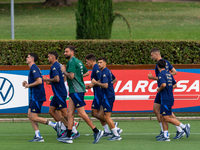 Players of Italy in action during an Italy training session at Centro Tecnico Federale di Coverciano in Florence, Italy, on September 2, 202...