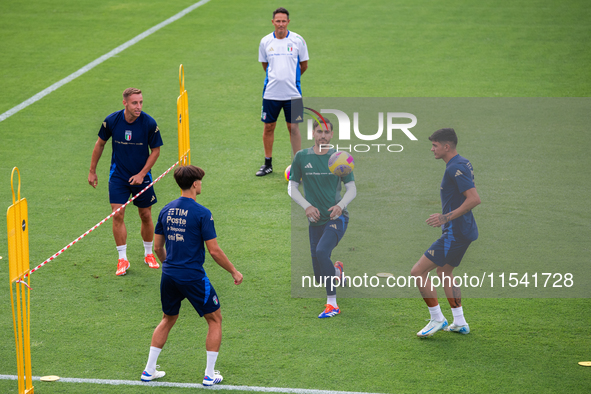 Players of Italy in action during an Italy training session at Centro Tecnico Federale di Coverciano in Florence, Italy, on September 2, 202...