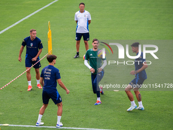 Players of Italy in action during an Italy training session at Centro Tecnico Federale di Coverciano in Florence, Italy, on September 2, 202...