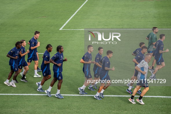 Players of Italy in action during an Italy training session at Centro Tecnico Federale di Coverciano in Florence, Italy, on September 2, 202...