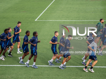 Players of Italy in action during an Italy training session at Centro Tecnico Federale di Coverciano in Florence, Italy, on September 2, 202...