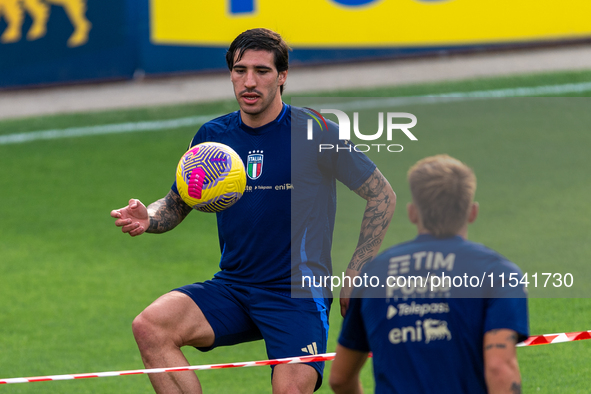 Sandro Tonali and Marco Brescianini attend the Italian National Team training camp at Centro Tecnico Federale in Coverciano, Florence, Italy...