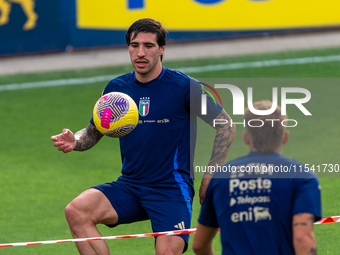 Sandro Tonali and Marco Brescianini attend the Italian National Team training camp at Centro Tecnico Federale in Coverciano, Florence, Italy...