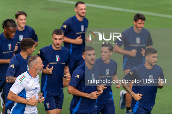 Players of Italy in action during an Italy training session at Centro Tecnico Federale di Coverciano in Florence, Italy, on September 2, 202...