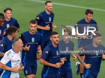 Players of Italy in action during an Italy training session at Centro Tecnico Federale di Coverciano in Florence, Italy, on September 2, 202...