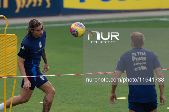 Riccardo Calafiori and Marco Brescianini attend the Italian National Team training camp at Centro Tecnico Federale in Coverciano, Florence,...