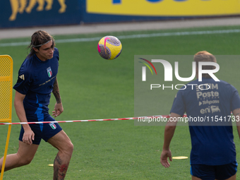 Riccardo Calafiori and Marco Brescianini attend the Italian National Team training camp at Centro Tecnico Federale in Coverciano, Florence,...