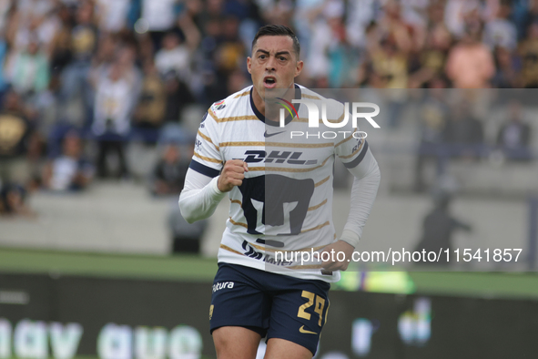 Rogelio Funes Mori #29 of Pumas celebrates after scoring a goal during Matchday 6 against Tigres as part of the Torneo de Apertura 2024 Liga...