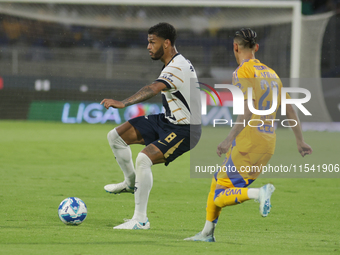 Jose Caicedo #8 of Pumas is marked by Uriel Antuna #22 of Tigres during Matchday 6 as part of the Torneo de Apertura 2024 Liga MX at Estadio...