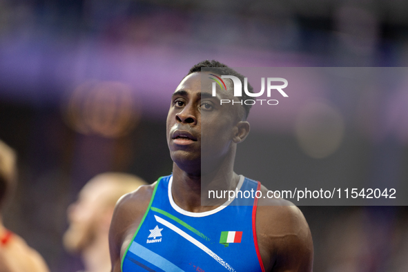 Maxcel Amo Manu of Italy reacts after winning the silver medal in the Men's 100m - T64 Final at Stade de France during the Paris 2024 Paraly...