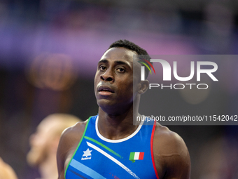 Maxcel Amo Manu of Italy reacts after winning the silver medal in the Men's 100m - T64 Final at Stade de France during the Paris 2024 Paraly...