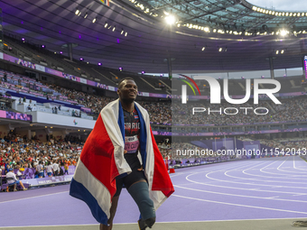 Sherman Isidro Guity Guity of Costa Rica reacts after winning the gold medal in the Men's 100m - T64 Final at Stade de France during the Par...