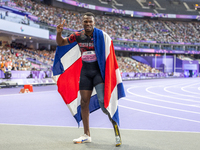 Sherman Isidro Guity Guity of Costa Rica reacts after winning the gold medal in the Men's 100m - T64 Final at Stade de France during the Par...