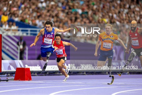 Ezra Frech of the United States of America competes in the Men's 100m - T63 Final at Stade de France during the Paris 2024 Paralympic Games...