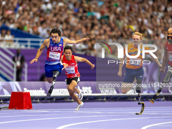 Ezra Frech of the United States of America competes in the Men's 100m - T63 Final at Stade de France during the Paris 2024 Paralympic Games...