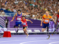 Ezra Frech of the United States of America competes in the Men's 100m - T63 Final at Stade de France during the Paris 2024 Paralympic Games...