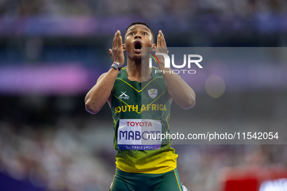 Puseletso Michael Mabote of South Africa reacts after the Men's 100m - T63 Final at Stade de France during the Paris 2024 Paralympic Games i...