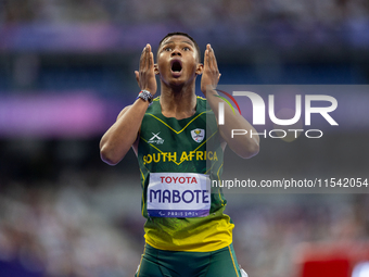 Puseletso Michael Mabote of South Africa reacts after the Men's 100m - T63 Final at Stade de France during the Paris 2024 Paralympic Games i...