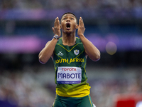 Puseletso Michael Mabote of South Africa reacts after the Men's 100m - T63 Final at Stade de France during the Paris 2024 Paralympic Games i...