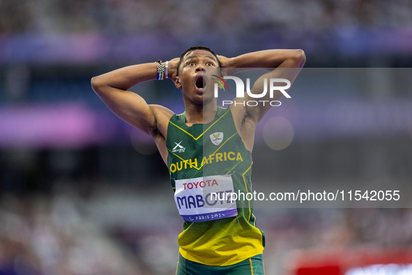 Puseletso Michael Mabote of South Africa reacts after the Men's 100m - T63 Final at Stade de France during the Paris 2024 Paralympic Games i...