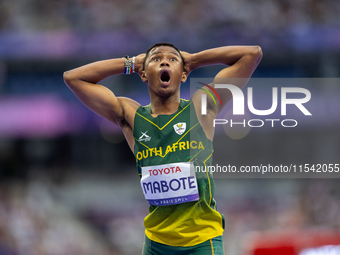 Puseletso Michael Mabote of South Africa reacts after the Men's 100m - T63 Final at Stade de France during the Paris 2024 Paralympic Games i...