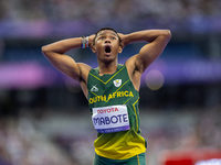 Puseletso Michael Mabote of South Africa reacts after the Men's 100m - T63 Final at Stade de France during the Paris 2024 Paralympic Games i...