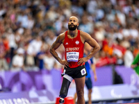 Leon Schaefer of South Africa reacts after the Men's 100m - T63 Final at Stade de France during the Paris 2024 Paralympic Games in Paris, Fr...