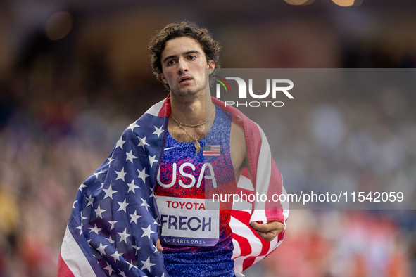 Ezra Frech of the United States reacts after winning the gold medal during the Men's 100m - T63 Final at Stade de France during the Paris 20...