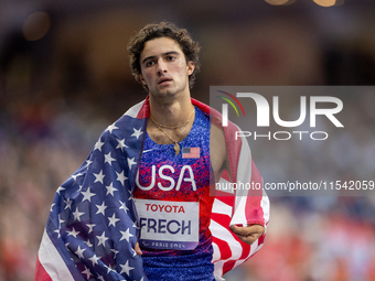 Ezra Frech of the United States reacts after winning the gold medal during the Men's 100m - T63 Final at Stade de France during the Paris 20...