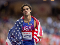 Ezra Frech of the United States reacts after winning the gold medal during the Men's 100m - T63 Final at Stade de France during the Paris 20...