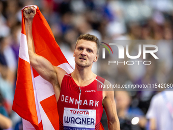 Daniel Wagner of Denmark reacts after winning the silver medal in the Men's 100m - T63 Final at Stade de France during the Paris 2024 Paraly...