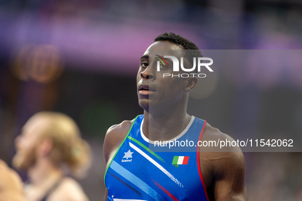 Maxcel Amo Manu of Italy reacts after winning the silver medal in the Men's 100m - T64 Final at Stade de France during the Paris 2024 Paraly...