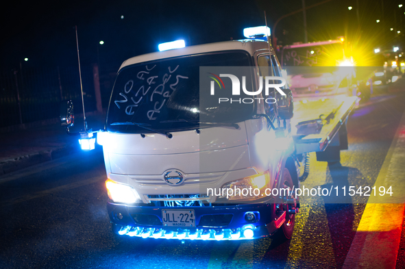 Truckers take part in a demonstration against the rise of fuel prices in Bogota, Colombia, on September 2, 2024. 