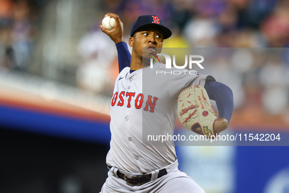 Boston Red Sox pitcher Brayan Bello #66 throws during the second inning of the baseball game against the New York Mets at Citi Field in Coro...